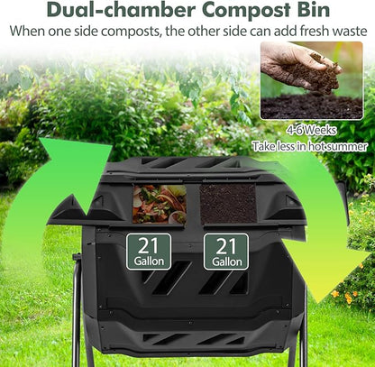 S AFSTAR Composter Tumbler Outdoor, 42-Gal Dual Chamber Tumbling Composter with 2 Sliding Doors, Metal Frame, BPA-Free Large Rotating Compost Bin Tumbler for Garden Yard Waste (Black)