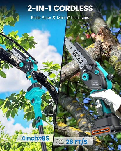 Cordless Pole Saw&Mini Chainsaw,2-IN-1 6 inch Electric Handheld Chain Saw with 2pcs 2000mAh Rechargeable Batteries,Pole Saws with Extension Pole for Tree Trimming Wood Cutting,Ideal Gifts for Men Dad