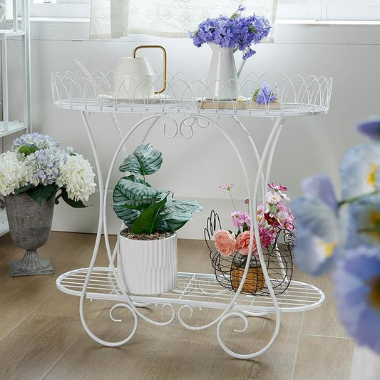 White Oval Plant Stand with Lattice Base, French Entryway Decor for Plants, Elegant Floor Flower Pot Holder Garden Decoration