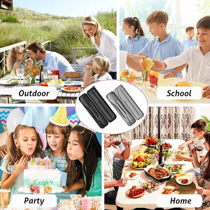 2 Sets Plastic Reusable Utensils Set with Case, Travel Chopsticks Fork Spoon Knife Set for Lunch Box, Portable Cutlery Sets for Travel Camping Daily Use (Black, Grey) | Plastic, Black and Grey, Chopsticks Fork Spoon Knife Set with Lunch Box, For Campin...