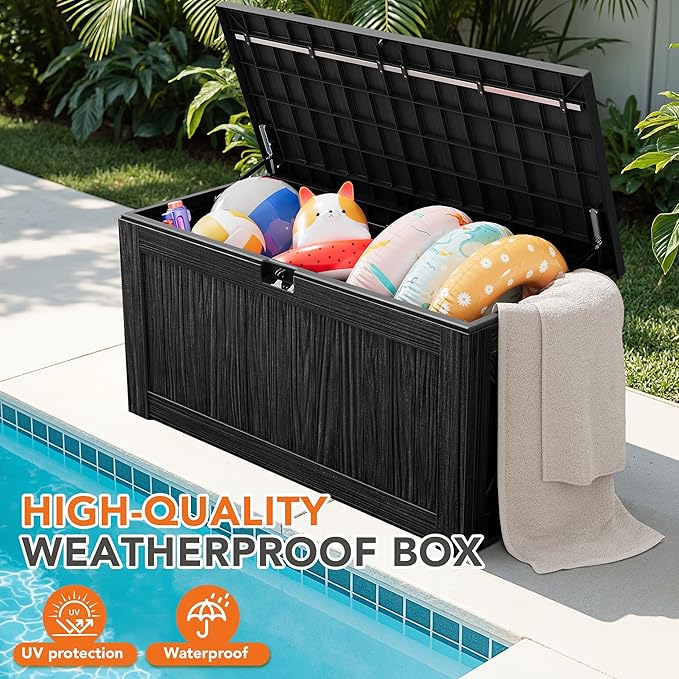 130 Gallon Deck Box Outdoor Indoor Waterproof Storage Box for Patio Furniture, Pool Accessories, Garden Tools, and Cushion Storage, Black