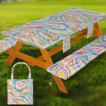Fitted Picnic Table Cover with Bench Covers Waterproof Elastic Edges Rectangle Patio Tablecloth Outdoor Camping Essentials Stuff Rv Accessories Summer Trip Travel Supplies Party Camper Gifts, 6 ft