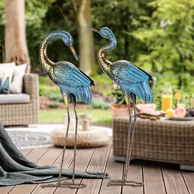 Natelf Garden Crane Statues Outdoor, Standing Blue Heron Decoy Sculptures, Metal Bird Yard Art for Lawn Patio Backyard Decoration(Set of 2)