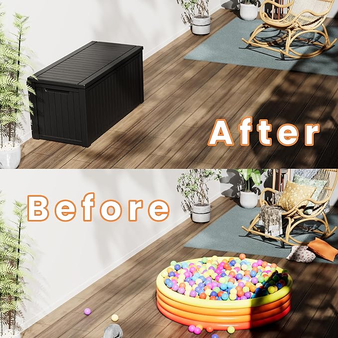 200 Gallon Waterproof Large Resin Deck Box Indoor/Outdoor Lockable Storage Container and Seating for Garden, Pool, and Patio (200 Gallon, Black)