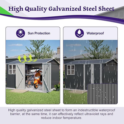 10X8 FT Outdoor Storage Shed,Metal Shed W/Window,Floor Frame & Lockable Swing Door,Garden Tool House W/ 4 Air Vents & Sloped Roof,for Backyard Patio Lawn,Gray