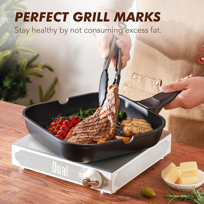 SENSARTE Nonstick Grill Pan for Stove Tops, Versatile Griddle with Pour Spouts, Square Big Cooking Surface, Durable Skillet Indoor & Outdoor Grilling. PFOA Free,12Inch