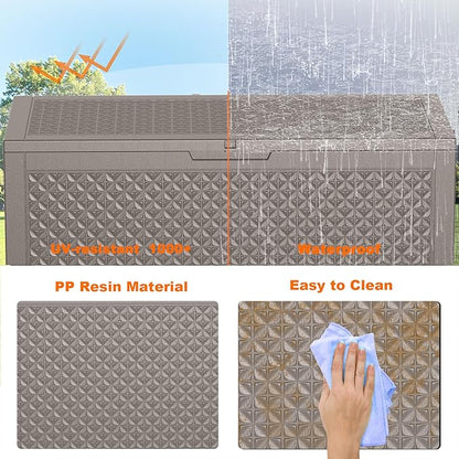 100 Gallon Resin Deck Box, Lockable Outdoor Storage Box for Patio Cushions Storage Furniture,Garden Tools, Pool Supplies, Weatherproof and UV Resistant (Grey L)