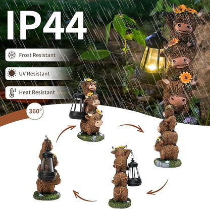 Solar Three Highland Cow Statues Outdoor Garden Decor with Latern Funny for Yard Lawn Ornaments Porch Patio Balcony Home Birthday Easter Gifts for Women Grandma Mom
