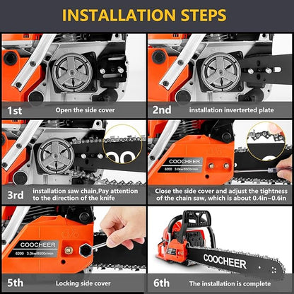 COOCHEER 62CC Gas Chainsaw 20 Inch 2-Cycle Gas Powered Chain Saws 3.5 HP Power Chain Saw Cordless Gasoline Powered Chainsaw with 2 Chains for Tree Wood Cutting