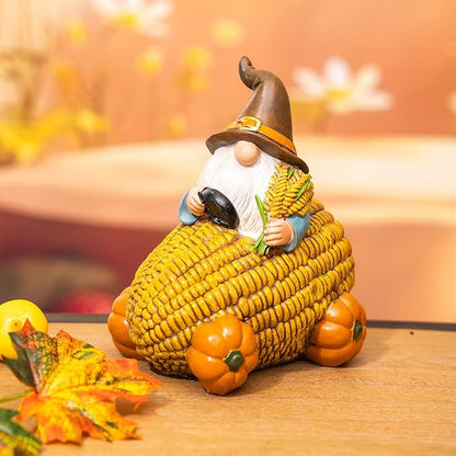 Autumn Gnome Statue Corn Car with Pumpkin Wheel Enchanting Fall Resin Figurine for Thanksgiving Party Home and Outdoor Decor