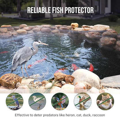 Pond Netting Cover for Leaves, 14 x 14 Koi Pond Net Cover, Durable & Sturdy Pond Netting for Koi Ponds, Protect Koi Fish Against Herons, Raccoons, Cats & Predators, 14pcs Stakes Included