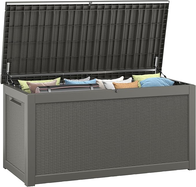 260 Gallon Resin Deck Box, Large Indoor and Outdoor Storage Box, Weatherproof and UV Resistant Outdoor Storage Box with Built-in Steel Beams for Patio Cushions, Pool Supplies