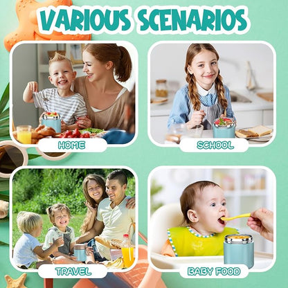 Thermo for Hot Food Kids - 15.2oz with Folding Spoon and Silicone handle | Leak Proof Insulated Food Jar, Soup Thermo, Wide Mouth Insulated Lunch Containers, Dishwasher Safety