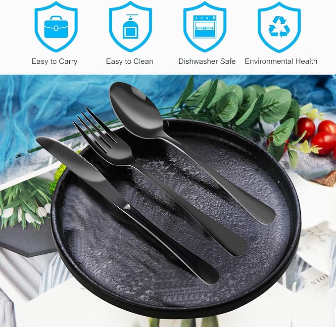 4PCS Premium Travel Utensils With Case, Stainless Steel Reusable Portable Utensils Set With Case, Lengnoyp Travel Silverware Set With Case for Lunch Box Includ Fork Spoon Knife Set, Black