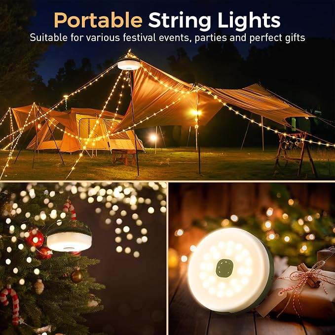 2-Pack Camping String Lights, Quick Storage 32.8FT Rechargeable Tent Lights String with 8 Modes, Hanging Waterproof Portable LED Lamp for Camping Outdoor Patio Awning Garden Party Essentials