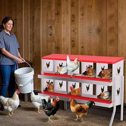 TrailBlaze 10 Compartment Chicken Nesting Box with Metal Legs, Chicken Egg Laying Boxes with Rollout Egg Collection, Large Vented Holes Chicken Coop for Chickens, Hens (Red)