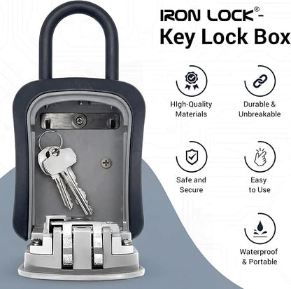 Iron Lock® Medium Key Lock Box with Code, U-Shackle Opens Fully Out (Grey) | Built-in key hooks + catch tray; hangs on handles, gates, fences or a hasp; wall-mountable; dial cover; no batteries