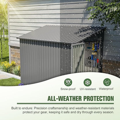 4x8 FT Lean to Metal Shed,Outdoor Storage Shed W/Floor Frame & Reversible Installation,All Weather Waterproof Garden Tool House W/Lockable Door & 2 Air Vents,for Backyard,Patio,Lawn,Gray