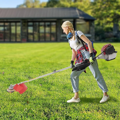 Gas Weed Wacker, 35.88CC 750W 4-Stroke Gasoline Weed Eater 8500RPM High Speed Lawn Mower with 2 Blade Heads, Portable Single-Cylinder Brush Cutter Grass Trimmer Tool for Home Garden Lawn Mowing