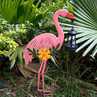 Metal Flamingo Stake with Solar Lantern, Garden Solar Animal Lights for Yard Patio Lawn Pathway Decor, Unique Gifts for Women Mom Grandma(Pink Flamingo)