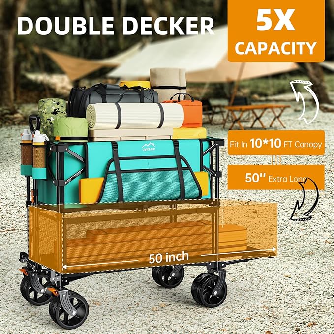 Foldable 50''L Extra Long Double Decker Wagon for Sport, 400L Collapsible Heavy Duty Wagon Cart with Big Wheels, Utility All-Terrain Large Extender Cart for Outdoors, Light Blue