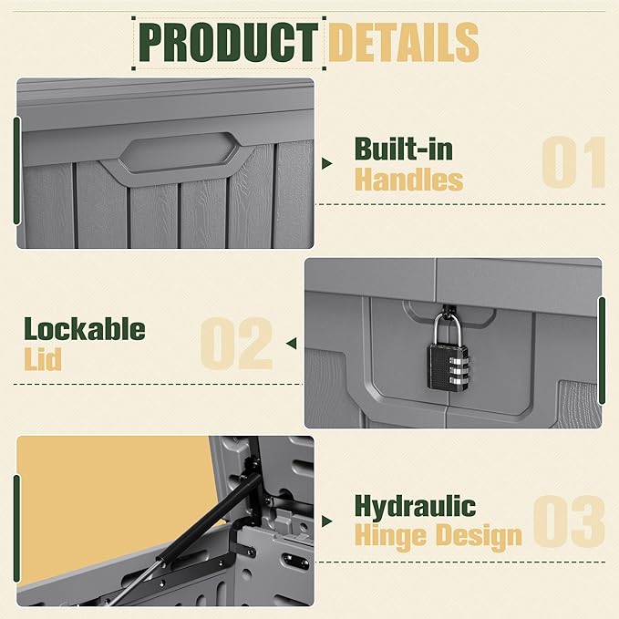 JUMMICO 250 Gallon Outdoor Resin Deck Box with Divider, Waterproof Storage Box with Lockable Lid&Side Handles for Garden Tools, Pools Supplies (Gray)