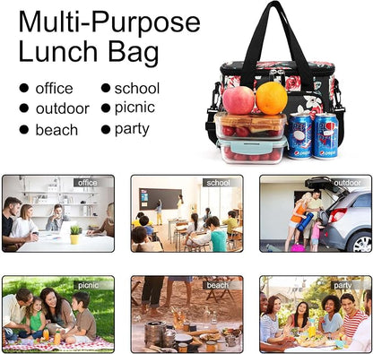 Lunch Bags for Women/Men, Insulated Lunch Bag for Work Office Picnic - Lunch Cooler Bag Leakproof Lunch Box with Adjustable Shoulder Strap - Black Floral