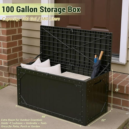 100 Gallon Outdoor Storage Box Waterproof Lockable Resin Deck Box Large, Patio Storage Bin for Pool Accessories Cushion Furniture, Garden Tools, UV-Resistant Outside Delivery Black