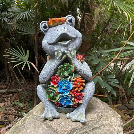 Solar Garden Frog Statues with Outdoor Light for Outdoor Decor Succulent and 8 LED Lights Solar Frog Art Decor for Lawn Yard Decor Gifts for Women Mother's Day Birthday