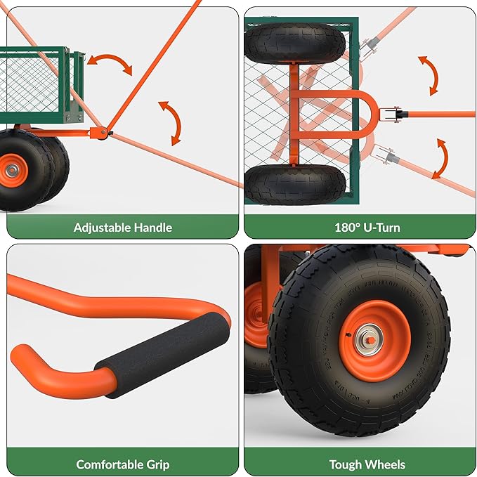 Versatile Garden Cart for Lawn and Yard with Heavy Duty Steel, 900 Lbs Capacity Mesh Steel Garden Cart Folding Utility Wagon with Removable Side Panels, Long Handle, 10" Tires - Green and Orange