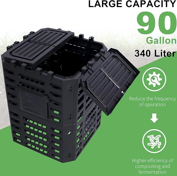 Black Garden Composter Bin - 90 Gallons (340Liter) of Recycled Plastic for Easy Assembly & Aerating Composting – Create Fertile Soil with Lightweight Outdoor Compost Box