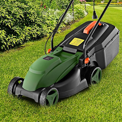Electric Lawn Mower, 13" Corded Lawnmower with 10 Amp Copper Motor, 6.6-Gallon Grass Collection Box & 3-Position Heights, Push Lawn Mower Electric De-thatcher for Garden & Farmyard (Green)