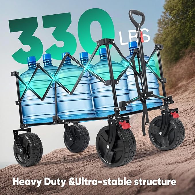 Collapsible Wagon Cart with Big All-Terrain Beach Wheels, Foldable Heavy Duty Wagons with Cup Holders, Utility Carts for Camping, Garden, Outdoor, Grocery, Sports. Turquoise