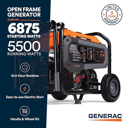 Generac 6,875 Starting Watt Portable Gas Generator - Electric Start - Home Backup or RV Ready - Heavy Duty Frame - Quiet, Long Runtime, Emergency Power - 50-State Compliant