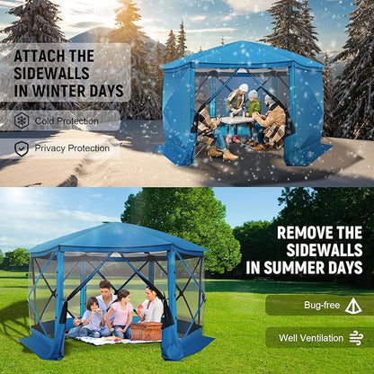 COBlZl Pop Up Gazebo 12x12 Screen House Tent for Camping, Outdoor Instant Stargazing Gazebo Canopy with Awning 2.0, Portable Hub Tent with Removable Sidewalls,Pavilion for Backyard,Blue