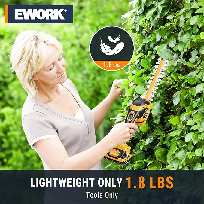 EWORK 21V Cordless Hedge Trimmer & Grass Shears 2-in-1 Handheld Small Electric Bush Trimmer with 2.0Ah Battery and Charger, Battery Powered Shrub Trimmer for Garden, Yard, Lawn Maintenance