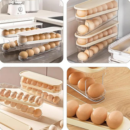 Auto Rolling Egg Holder for Fridge, Space Saving Eggs Dispenser, Sturdy and Durable Egg Traywith Lid, Stackable Fridge Container and Storage for 14 Large Eggs(2PCS)