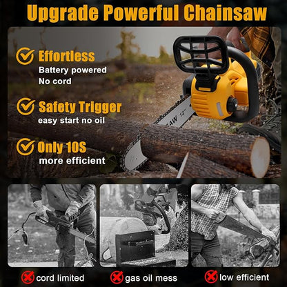Chainsaw Cordless, 12 Inch Electric Chain Saw, Handheld Brushless Chainsaws with Tool-free Chain Tension & Auto Lubrication, 4000mah*2 Battery (12 Inch Chainsaw)