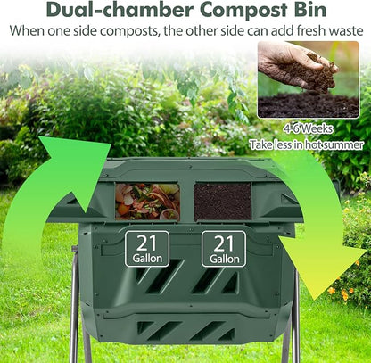 S AFSTAR Composter Tumbler Outdoor, 42-Gal Dual Chamber Tumbling Composter with 2 Sliding Doors, Metal Frame, BPA-Free Large Rotating Compost Bin Tumbler for Garden Yard Waste (Green)