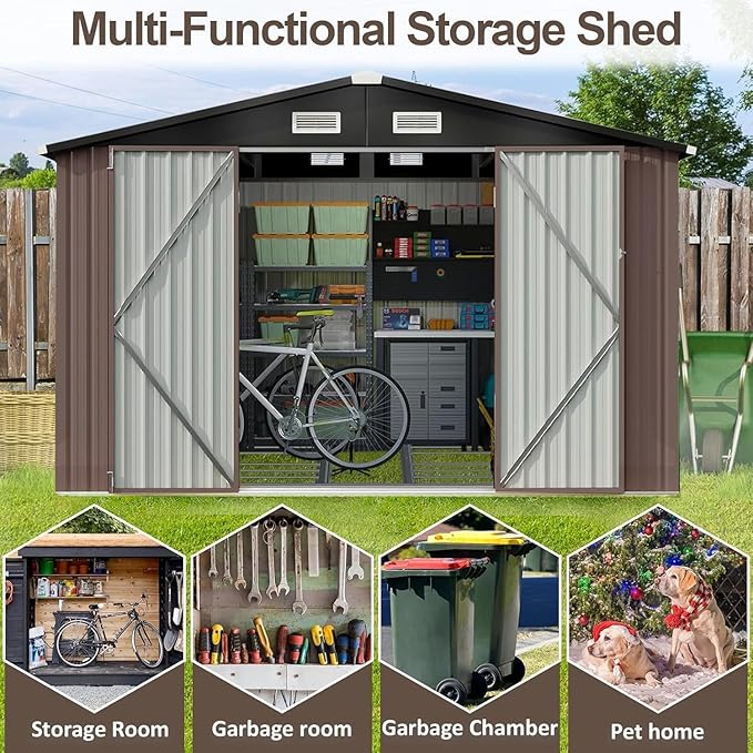 Aoxun 9.4x7.3x6.5 FT Outdoor Metal Storage Shed with Lockable Door- Ideal for Tools, Garden Equipment & Bikes, Includes Base, Perfect for Patio Placement