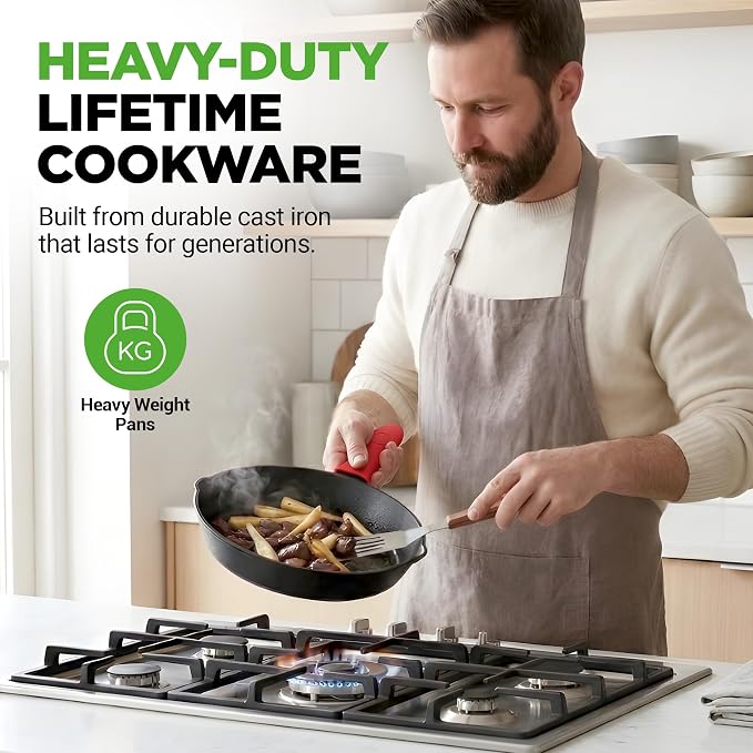 NutriChef 3pc Cast Iron Skillets - Pre-Seasoned Cast Iron Cookware with Drip Spout, Silicone Handles, For All Cooktops