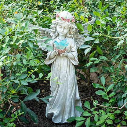 Angel Garden Statue Outdoor Decor, Angel Garden Figurine Hold Dove with Solar Lights Waterproof Resin Yard Art Decoration Lawn Ornament Sculpture for Outside Patio Yard Gift