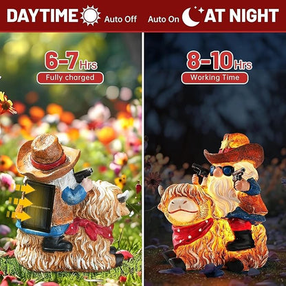 Solar Highland Cow Gnome Statue - Hand-Painted Resin Outdoor Decor for Garden & Yard, Unique Mothers Day Birthday Gifts for Grandma Women (Weatherproof)