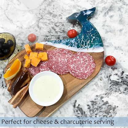 Whale Serving Board - Acacia Wood with Ocean-Inspired Epoxy (15" x 7.9"), Cute Charcuterie Cheese Tray, Unique Kitchen Décor, Cutting Board Gift for Women, Home or Party Use