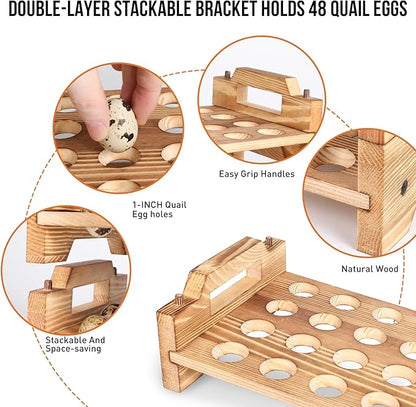 Stackable Wooden Quail Egg Holder Countertop-Expandable Storage Rack with 4 Bonus Egg Cups | Solid Wood Tray with Secure Interlocking Dowels for 48 Fresh Quail & Pigeon Eggs (Single or Multi-Tier Use)