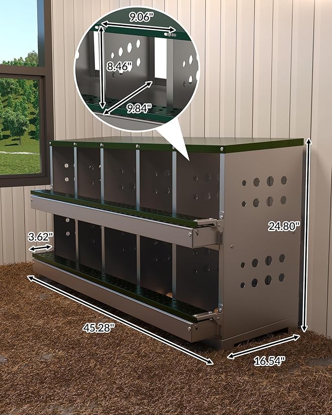 10-Hole Galvanized Metal Chicken Nesting Box with Egg Collection Tray/Fake Training Eggs, Rustproof Poultry Laying Box with Perch Rod,for Chicken Coops and Hens