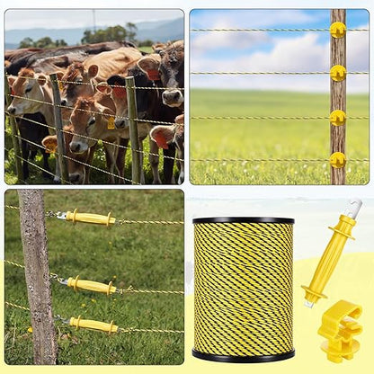 SATINIOR 46 Pcs Electric Fence Kit Included 3366ft/ 1026m Electric Fence Polywire, 40 T Post Insulators Socket, 5 Yellow Rubber Gate Handle Insulators for Fencing Horse, Cattle, Predator Protection