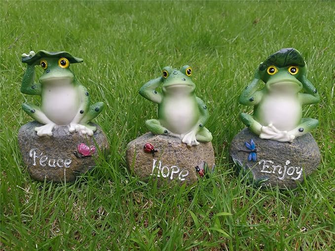 LANKER Frog Garden Statues – 3 Pack 5 Inch Frogs Sitting on Stone Sculptures Outdoor Decor Fairy Garden Ornaments