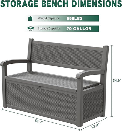70 Gallon Outdoor Storage Bench Deck Box Lockable for Patio Furniture, Outdoor Porch Bench with Storage Waterproof for Cushions, Garden Tools and Pool Supplies, Grey