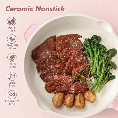 SENSARTE Nonstick Ceramic Skillet with Lid 10-inch, 3.5QT Non Toxic Deep Frying Pan, Saute Pan with Lid, Stay-cool Handle, Healthy Cooking Pot, Induction Compatible, Pink